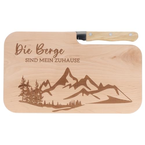 Spruchreif | Brotzeitbrett mit Messer "Die Berge sind mein Zuhause" – Graviertes Holzbrett mit Berg-Motiv | Geschenkidee für Wanderer, Bergliebhaber & Outdoor-Fans von Spruchreif