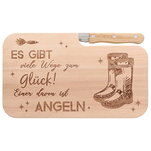 Spruchreif | Holz- Brotzeitbrett mit Messer „Es gibt viele Wege zum Glück…“ | Geschenkidee für Angler & Outdoor-Fans | Perfekt für Frühstück & Brotzeit von Spruchreif