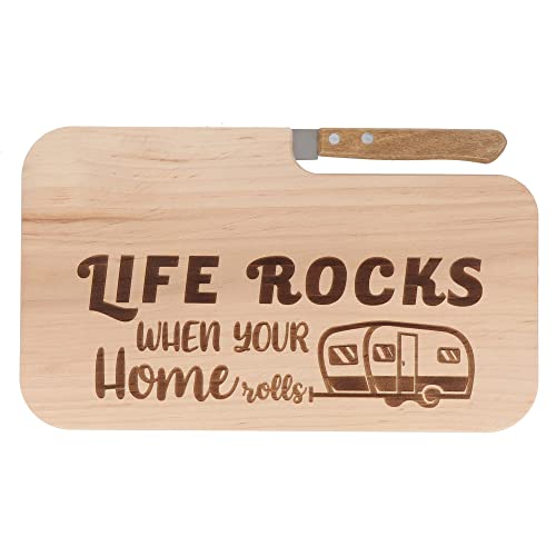 Spruchreif | Brotzeitbrett mit Messer | Frühstücksbrett mit Gravur | Holzbrett mit Messer | Outdoor Geschenk | Geschenk Camper | Geschenk Wanderer | Outdoor Frühstück| Life rocks when your home rolls von Spruchreif