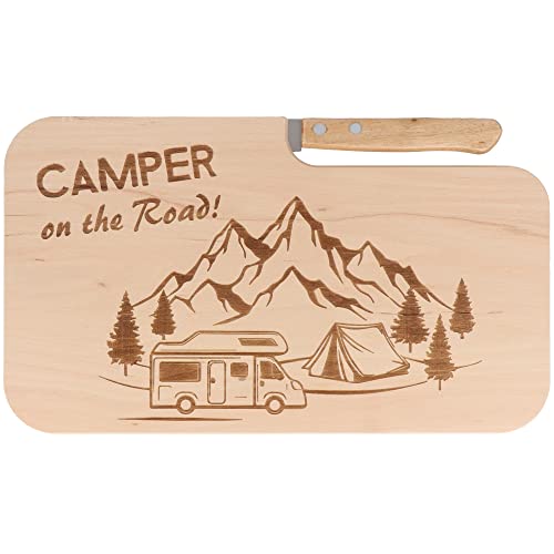 Spruchreif | Brotzeitbrett mit Messer | Frühstücksbrett mit Gravur | Holzbrett mit Messer | Outdoor Geschenk | Geschenk für Camper | Geschenk für Wanderer | Outdoor Frühstück| Camper on the Road von Spruchreif