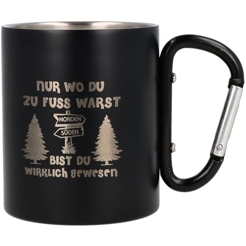Spruchreif | Edelstahltasse mit Karabinerhaken Henkel mit Gravur Ich werde nicht aufgeben in Schwarz Matt | Geschenk Wandern | Wander Geschenke von Spruchreif
