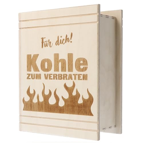 Spruchreif | Spardose in Buchform mit Gravur | Holz-Spardose mit Gravur | Geldgeschenk | Sparbüchse | Buch-Spardose | Lustige Geschenkidee | „Kohle zum Verbraten“ von Spruchreif