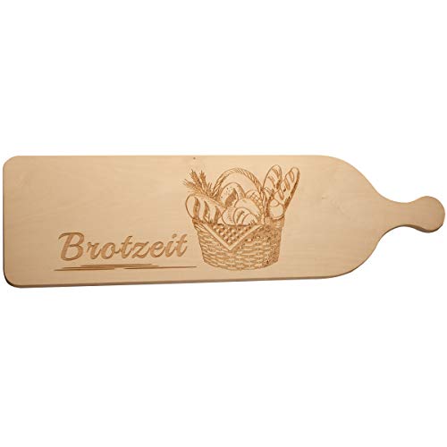 Spruchreif · XXL Servierbrett Holz · Schneidebrett mit Gravur "Brotzeit" Motiv Brotkorb · Servierplatte aus Holz Holzbrett mit Griff von Spruchreif