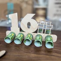 Holzaufsteller Geldgeschenk "16" | Gutscheinalternative Geschenkidee Gutschein 16. Geburtstag von SpruchreifGeschenke