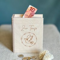 Spardose Buch Aus Holz Mit Gravur Zur Taufe Motiv Taube Sparbüchse Für Jungen Und Mädchen Taufgeschenk Spardose"Zur Taufe" von SpruchreifGeschenke