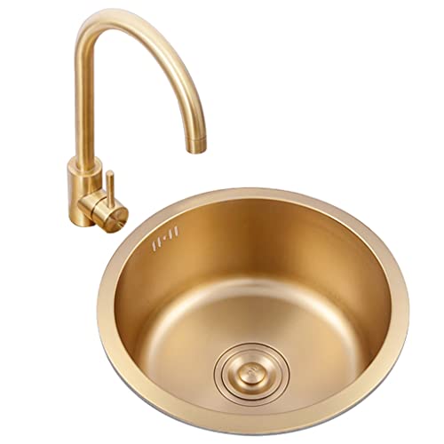 Spüle Bar-Spülbecken Gold-Rundspüle Edelstahl 304 Mit Großem Gebogenem Wasserhahn Und Abflusskorb Oben Oder Unten Montiert (Color : Gold, Size : 32x32x19cm) von PetterShop