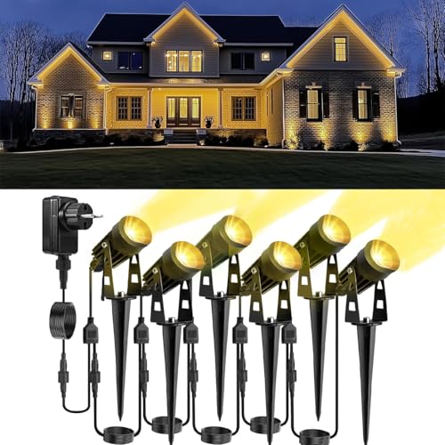 30m Gartenbeleuchtung mit Strom 6 Stücke Gartenstrahler LED Erdspieß Wasserdicht Gartenlampen für Draußen mit Adapter LED Außen Beleuchtung Garten Beleuchtungen 3000K Warmweiß für Außen Garten Yard von Spurleh