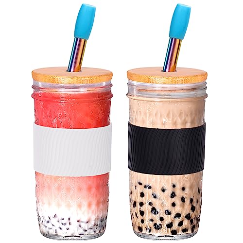 Spurtar Bubble Tea Becher Set Glasbehälter, 720ml Trinkbecher mit Deckel und Strohhalm Gläser Smoothie Becher Mason Jar Glasbecher Wiederverwendbaren Einmachgläser, 2er Stück von Spurtar