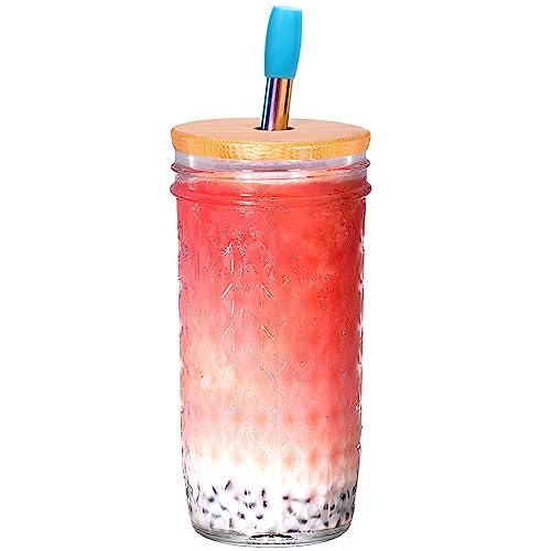 Spurtar Bubble Tea Gläser Becher, 650 ml Trinkbecher mit Deckel und Strohhalm Smoothie Becher Longdrinkgläser, Diamond Wiederverwendba Eiskaffee Glasbehälter Becher,1 Stück von Spurtar