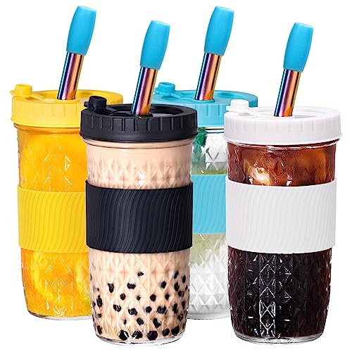 Spurtar 4er 720 ml Bubble Tea Becher Set Smoothie Becher mit Regenbogen Strohhalm, Einmachgläser mit Kunststoff Deckel, Wiederverwendbar Bambusdeckel Eiskaffee Glasbehälter Mit Strohhalm geschenk von Spurtar