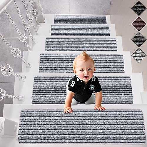 Spurtar Treppenstufen Matten, 15er Set Treppenteppich Selbstklebend Streifen Stufenmatten Innen Stufenteppich für Verschiedene Arten von Treppen Treppen Teppichstufen,20 cm X 76 cm, Hellgrau von Spurtar