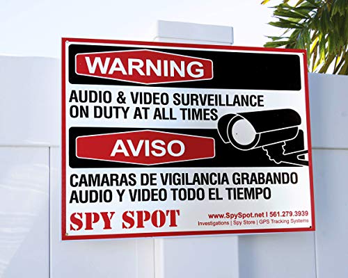 Warnschild mit Aufschrift "Warning Audio and Video Surveillance on Duty At All Times", Kunststoff, englisch/spanisch von SpySpotGPS Tracker