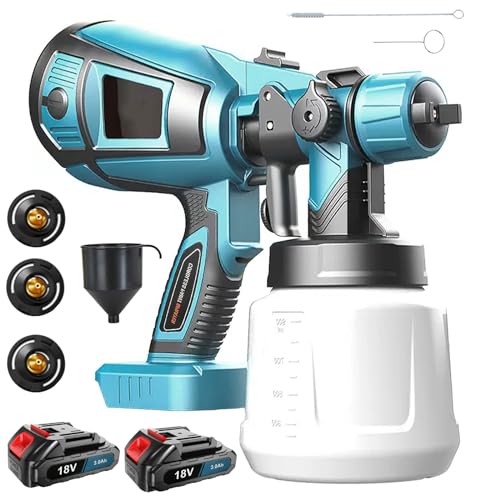 Akku-Farbsprühsystem mit 2 x 3.0AH Akku, Ersatz für Makita 18V Akku, 1000ml Abnehmbarer Behälter, 3 Düsen (1.0/1.8/2.5mm) und 3 Spritzmuster, mit verstellbarem Luft von Squaeltirs