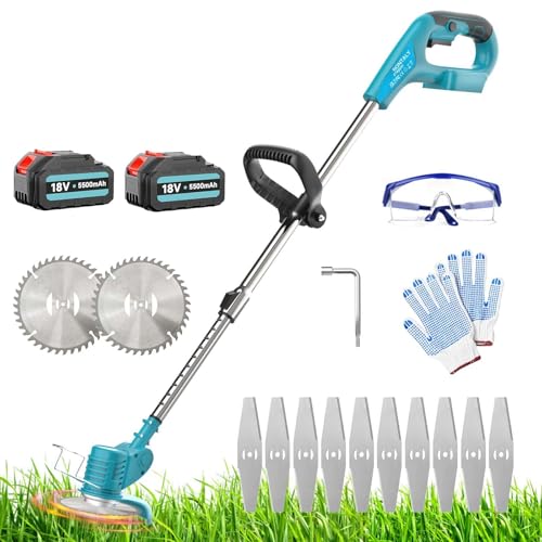Rasentrimmer mit 2X 5.5AH Akkus,Ersatz für Makita 18V BL1830,inkl.10x Metallklinge & 2X Kreissägeblätter, 18V Akku Freischneider & Akku Trimmer, 90° drehbarer,für Rasenschneiden Rasenpflege Auffahrt Rasentrimmer mit 2X 5.5AH Akkus,Ersatz für Makita 18V BL1830,inkl.10x Metallklinge & 2X Kreissägeblätter, 18V Akku Freischneider & Akku Trimmer, 90° drehbarer,für Rasenschneiden Rasenpflege Auffahrt von Squaeltirs