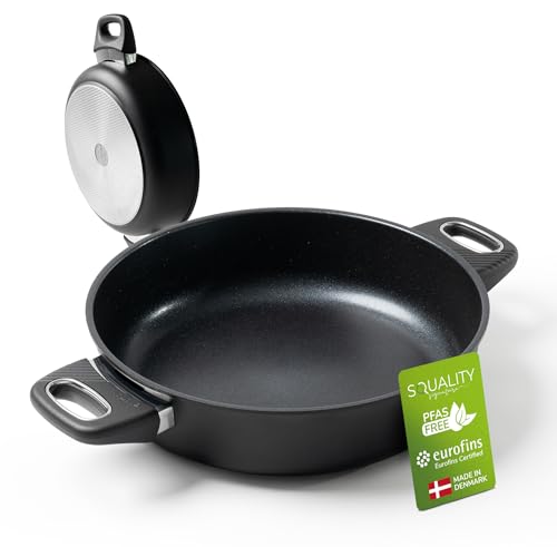 Squality Sauteuse Pfanne 28 cm Doppelgriff – PFAS-freie Antihaft Pfanne aus Dänemark | Ofenfest bis 180 °C, induktionsgeeignet, ergonomisch geformt, für gesundes Kochen ohne Schadstoffe von Squality