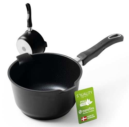 Squality Soßentopf PFAS frei 20 cm – Kochtopf klein | Milchtopf Induktion | Antihaft Stielkasserolle aus Dänemark | Ofenfest bis 260 °C | Gesundes Kochen ohne Schadstoffe | Mini Topf Non Stick von Squality