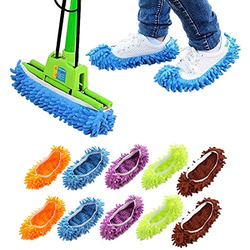 Mop Schuhe Waschbar Wiederverwendbar Wischmopp Hausschuhe Mikrofaser-Staubmopp-Socken Putzschuhe Set Multifunktional für Reinigung von Staub, Schmutz und Haaren im Hausboden(5 Paare, 5 Farben) von Sqxaldm