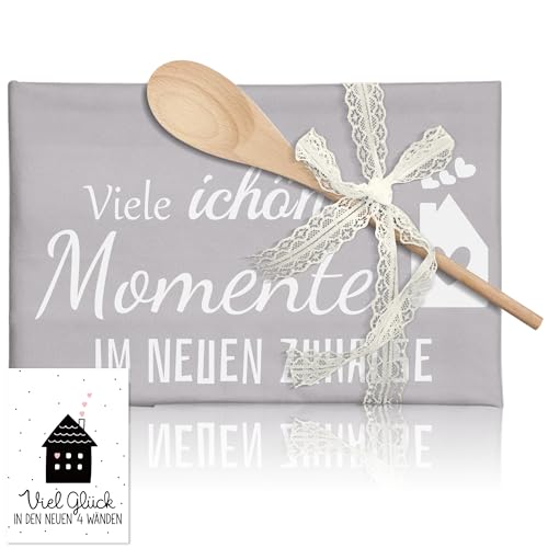 Sranin Geschenk zum Einzug – Geschirrtuch mit Holz-Kochlöffel, Grußkarte & Dekoband – Neues Zuhause, Wohnung & Umzug Geschenkidee (C) von Sranin