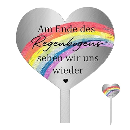 Deko Wetterfest Grabstecker, 28cm, Herz Edelstahl Grabdekoration Grabstein, Edelstahl Grabstecker, Wetterfest Grabstecker Metall Herz Mit Spruch Am Ende Des Regenbogens Sehen Wir Uns Wieder von Srcasy
