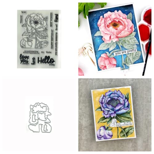 Sredwtk Hello Blumen Stempel und Stanzen Set,Silikonstempel und Stanzen Set,Stanzschablonen und Stempelset,Clear Stamp und Stanzschablone Für DIY Scrapbooking Fotoalbum Dekor Karten von Sredwtk