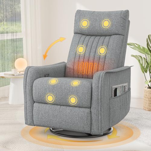 Srfzluxy Fernsehsessel Massagesessel mit Liegefunktion, Relaxsessel mit Wärme und Massage, 360°Drehbarer TV Sessel Wohnzimmer, Schaukelstuhl mit Gepolsterte Kopfstütze, 2 Seitentaschen von Srfzluxy