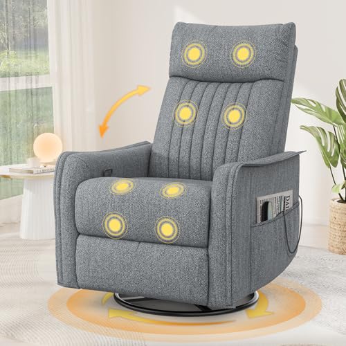 Srfzluxy Fernsehsessel Massagesessel mit Liegefunktion, Relaxsessel mit Wärme und Massage, 360°Drehbarer TV Sessel Wohnzimmer, Schaukelstuhl mit Gepolsterte Kopfstütze, 2 Seitentaschen von Srfzluxy