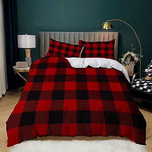 Bettbezug aus Mikrofaser weich Allergien vorbeugen 240x220cm Klassisches HolzfäLler-Plaid In Rot Und Schwarz Bettbezüge mit Reißverschluss Bettwäsche Set mit 2 Kissenbezüge 80x80 cm für Jungen Mädchen von Srigzcaly