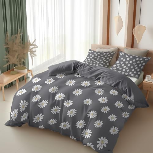 Bettwäsche 135 X 200 Cm Kleiner Weißer Gänseblümchen Print Bettbezug, Ökotex Bettwäsche Sets 3 Teilig, Super Weich & Bügelfrei Mikrofaser Wendebettwäsche Und 2 Kissenbezug 80X80 Cm, Hellgrau von Srigzcaly