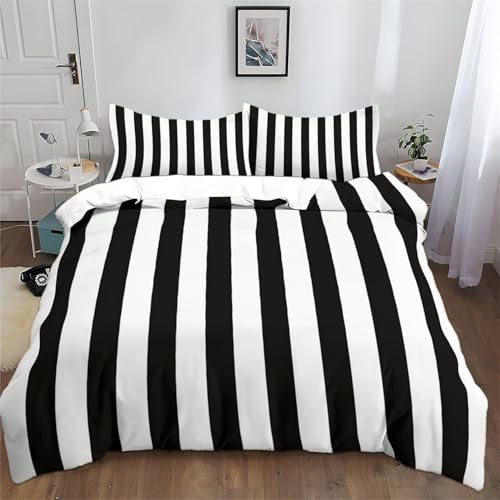 Bettwäsche 135 x 200 cm Schwarz Weiß Gestreiftes Design Bettbezug Atmungsaktives Leichtgewicht Mikrofaser mit 2 Kissenbezug, Schwarz Und Weiß Bettwäsche Sets für Kinder Jugendliche Erwachsene von Srigzcaly