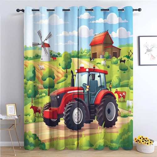 Blickdicht Verdunklungsvorhänge für Schlafzimmer 2er 75x166cm (BxH), Cartoon-Roter Traktor Thermo isolierte Ösen Vorhänge, Waschbarer Polyester Vorhang, Mehrfarbig für Kinderzimmer & Wohnzimmer von Srigzcaly