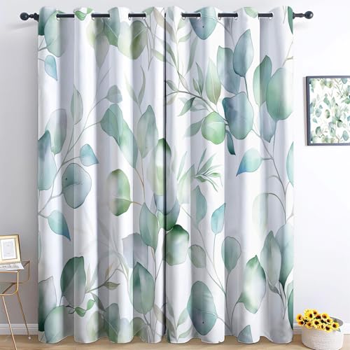 Blickdichter Vorhang Mit Ösen 2er 140x245cm(BxH), Aquarell Eukalyptus BläTter GrüN Verdunkelungsvorhang Waschbarer Polyester Vorhang, Weiß Vorhangdekoration für Wohnzimmer Kinderzimmer Küche von Srigzcaly