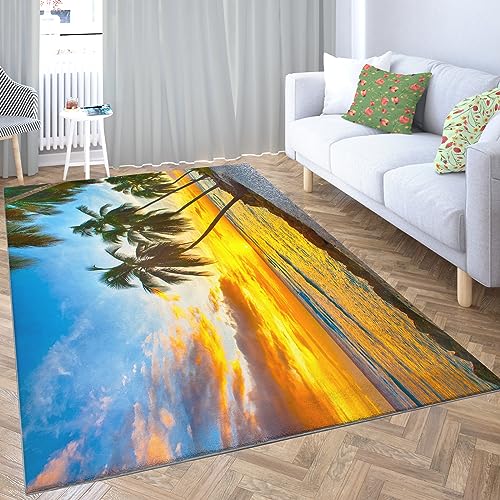 Bunte Teppich Rutschfeste 120x170 cm - Palmen Bei Sonnenuntergang Am Meer Dekor Teppich, Für Wohnzimmer, Esszimmer, Schlafzimmer Kinderzimmer - Kurzflor Flanell Teppiche Pflegeleicht Waschbare von Srigzcaly