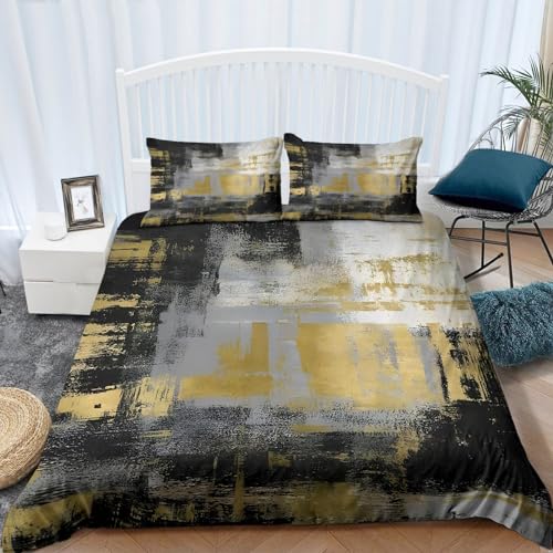 Jungen Mädchen Gold Bettwäsche Sets Abstraktes Goldenes Schwarzes Tintengekritzel Bettbezug 240x220cm Angenehm Weich Atmungsaktiv Mikrofaser 3-teiliges Set, mit Reißverschluss + 2 Kissenbezug von Srigzcaly