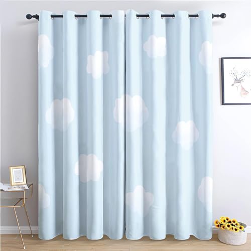 Kinder Vorhänge 2er Blickdicht Gardinen Thermovorhang Ösenschal Vorhänge 220x215cm(BxH) Cartoon Blauer Himmel Mit WeißEn Wolken Verdunklungsvorhang für Büros Wohnzimmer Schlafzimmer, Hellblau von Srigzcaly