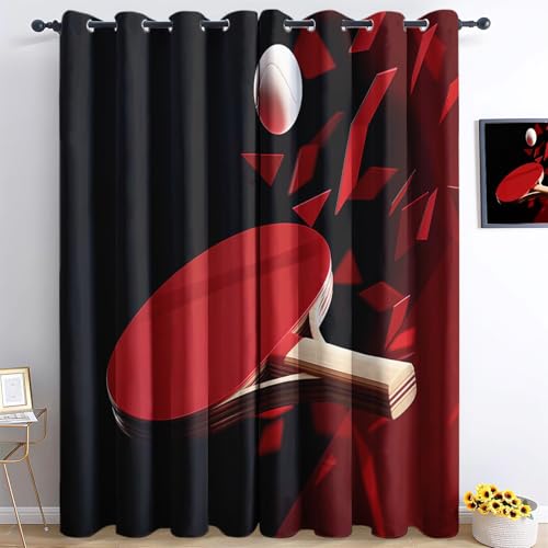 Kinder Vorhänge Blickdicht Gardinen Thermovorhang 150x166cm(BxH) Sportgeometrie-Tischtennis Ösenschal Vorhänge, Schwarz Rot Verdunklungsvorhang für Büros Wohnzimmer Schlafzimmer Kinderzimmer, 2pcs von Srigzcaly