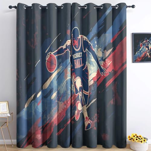 Sport Basketball Retro-Poster-Stil Ösen Vorhänge, Temperatur Halten und Lärmminderung, 150x166cm(BxH) Kinderzimmer Verdunkelungsvorhänge für Schlafzimmer&Wohnzimmer Dunkel Polyester Vorhange von Srigzcaly