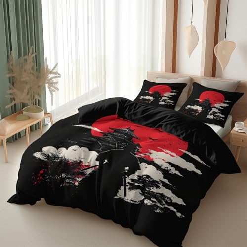 Srigzcaly 3D Bettwäsche Anime Japanisch Rote Sonne Schloss Samurai Bettbezug Set 200 X 200 cm + Kissenbezug 80X80 cm Schwarz Mikrofaser Wendebettwäsche 3 Teilig Mit Reißveschluss von Srigzcaly