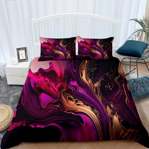 Srigzcaly Bettwäsche 135 x 200 cm Fuchsia Goldmarmor Stil Bettbezug, ÖkoTex Bettwäsche Sets 3 teilig, Super Weich & Bügelfrei Mikrofaser Wendebettwäsche und 2 Kissenbezug 80x80 cm, von Srigzcaly