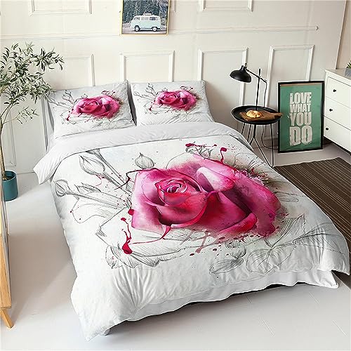 Srigzcaly Bettwäsche-Sets 3D Rosa Rosen-Thema Bettbezug 135x200 angenehm weich atmungsaktiv ohne Bügeln Waschmaschinenfest 3-teiliges Set, mit Reißverschluss 1 Bettbezug + 2 Kissenbezug von Srigzcaly