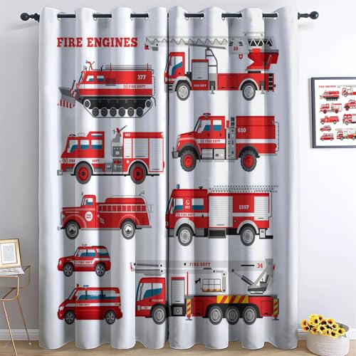 Srigzcaly Blickdichter Vorhang Mit Ösen 110X215 cm(BxH), Rotes Feuerwehrauto-Muster Verdunkelungsvorhang Waschbarer Polyester Vorhang, für Wohnzimmer Kinderzimmer Schlafzimmer Küche Vorhangdekoration von Srigzcaly