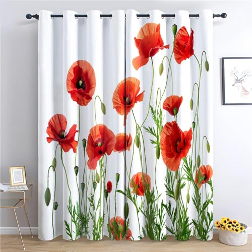 Srigzcaly Blickdichter Vorhang Mit Ösen 2er 140x245cm(BxH), Thema Rote Mohnblume Verdunkelungsvorhang Waschbarer Polyester Vorhang, Weiß Vorhangdekoration für Wohnzimmer Kinderzimmer Küche von Srigzcaly