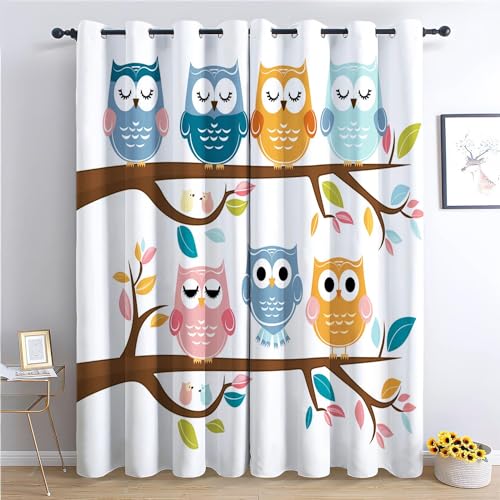 Srigzcaly Tierkunst Eule Vorhange Wärmedämmend, Polyester Anti-Fade, 183x214cm(BxH) Ösenvorhänge für Schlafzimmer, Kinderzimmer, Wohnzimmer Karikatur von Srigzcaly