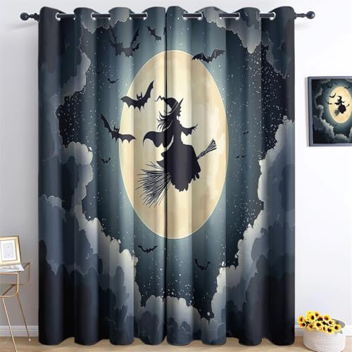 Srigzcaly Halloween-Muster Hexe Mond Grommet Vorhänge - Lärmminderung, Staubdicht Vorhange Blickdicht, 220x215cm(BxH),Polyester Vorhänge für Kinderzimmer&Wohnzimmer Grau von Srigzcaly