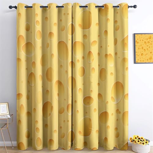 Srigzcaly KäSemuster Gelb Vorhange Wärmedämmend, Polyester Anti-Fade, 220x215cm(BxH) Ösenvorhänge für Schlafzimmer, Kinderzimmer, Wohnzimmer Gelb von Srigzcaly