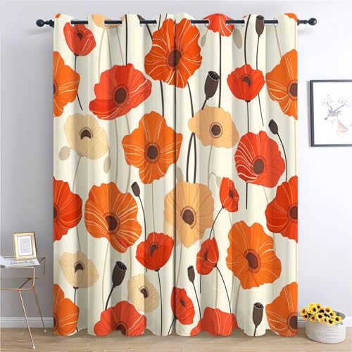 Srigzcaly Rote Mohnblume Ösenschal Vorhänge, 220x215cm(BxH) Verdunklungsvorhang für Büros Wohnzimmer Schlafzimmer Kinderzimmer, Creme Farben von Srigzcaly