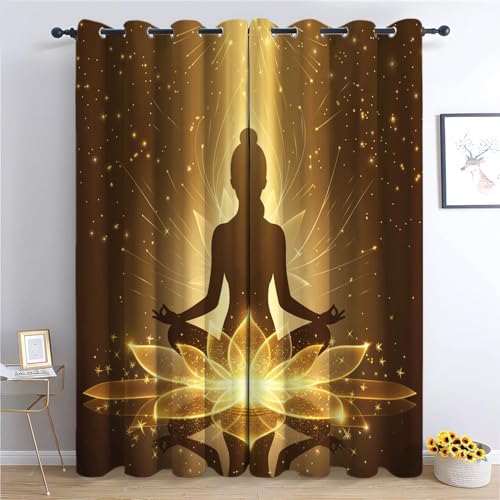 Srigzcaly Kinderzimmer Verdunkelungsvorhänge für Schlafzimmer&Wohnzimmer - 2 Stück 91.5x214cm(BxH), Stern-Yoga-Lotus Ösen Vorhänge, Temperatur Halten und Lärmminderung, Gold Polyester Vorhange von Srigzcaly