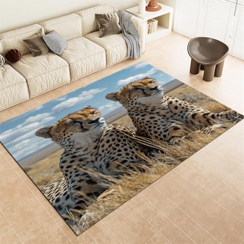Srigzcaly Kurzflor Rechteck Teppich Wohnzimmer 120x180cm Tier Gepard Savanne Waschbarer Teppich für Mädchen Junge Schlafzimmer, Braun Kinderzimmer Flauschig rutschfest Teppiche von Srigzcaly