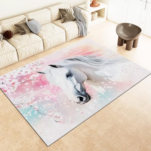 Srigzcaly Kurzflor Rechteck Teppich Wohnzimmer 120x180cm Tiere WeißEs Pferd KirschblüTen Waschbarer Teppich für Mädchen Junge Schlafzimmer, Hellrosa Kinderzimmer Flauschig rutschfest Teppiche von Srigzcaly
