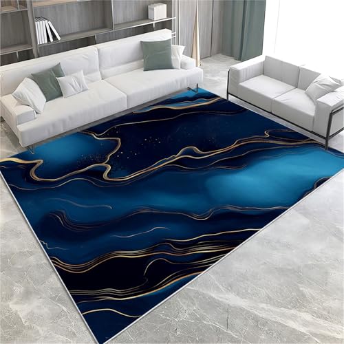 Srigzcaly Kurzflor Rechteck Teppich Wohnzimmer 180x240cm Goldene Linien Blaue Marmorstruktur Waschbarer Teppich für Mädchen Junge Schlafzimmer, Dunkelblau Kinderzimmer Flauschig rutschfest Teppiche von Srigzcaly
