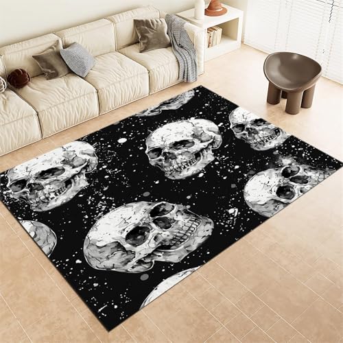 Srigzcaly Kurzflor Rechteck Teppich Wohnzimmer 80x150cm Totenkopf-Schwarz-Weiß-Muster Waschbarer Teppich für Mädchen Junge Schlafzimmer, Mehrfarbig Kinderzimmer Flauschig rutschfest Teppiche von Srigzcaly